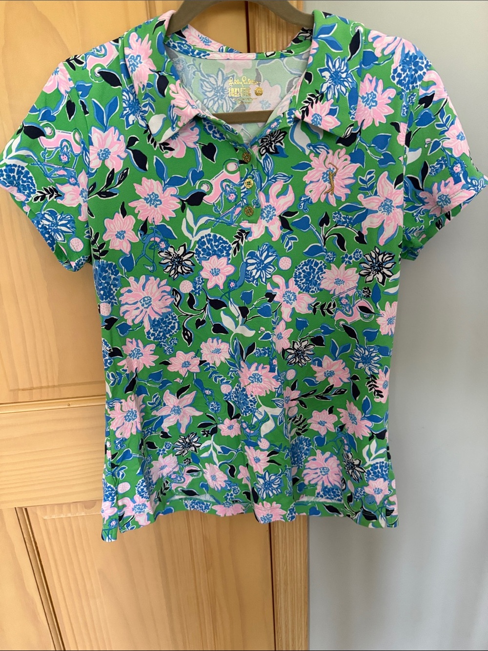 Lilly Pulitzer Luxletic Floral Polo Shirt Green Pink Blue Size XL